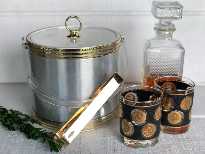 Silver and Gold Ice Bucket With Tongs Retro Barware Etsy