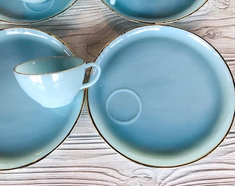 1950s Fire King Delphite Blue Turquoise Snack Set Plate Cup 22 KT 1950s Fire King Delphite Blue Turquoise Snack Set Plate Cup 22 KT