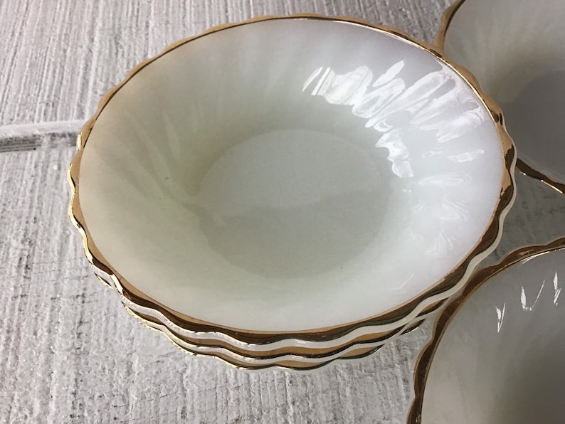 7 Fire King Bowls dessert Milk Glass Swirl Gold Trim Rim Etsy