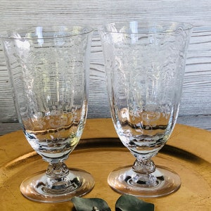 1930s 1940s FOSTORIA Meadow Rose Clear ICED TEA glasses Vintage Glassware etched tall water goblet embossed rose crystal floral replacements image 6