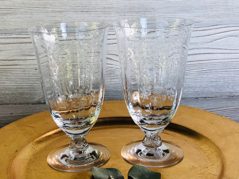 1930s 1940s FOSTORIA Meadow Rose Clear ICED TEA glasses Vintage Glassware etched tall water goblet embossed rose crystal floral replacements image 6