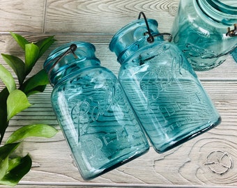 Antique Blue Ball Quart Canning Jar with wire bail 1923 1933 IDEAL Fruit Jar farmhouse decor Blue glass QT canning jar Storage Jar Vintage