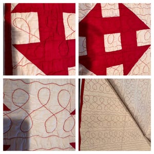 Peut inclure: Gros plan d'une courtepointe faite &agrave; la main avec un motif r&eacute;p&eacute;titif de carr&eacute;s et de losanges rouges et blancs. La courtepointe est cousue avec du fil rouge, pr&eacute;sentant des motifs complexes. Les bords de la courtepointe sont finis avec une bordure rouge.