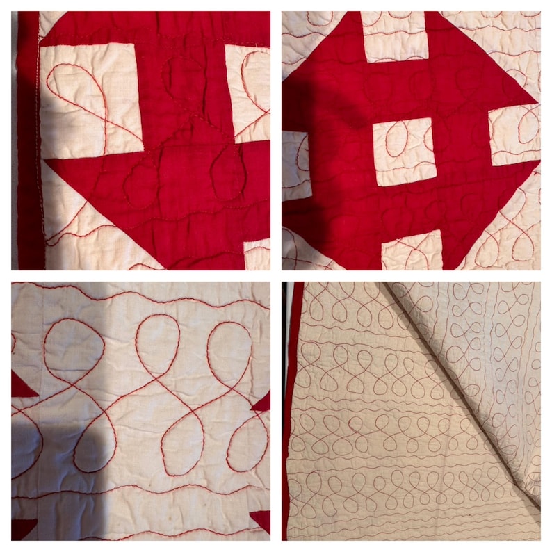 Peut inclure: Gros plan d'une courtepointe faite &agrave; la main avec un motif r&eacute;p&eacute;titif de carr&eacute;s et de losanges rouges et blancs. La courtepointe est cousue avec du fil rouge, pr&eacute;sentant des motifs complexes. Les bords de la courtepointe sont finis avec une bordure rouge.