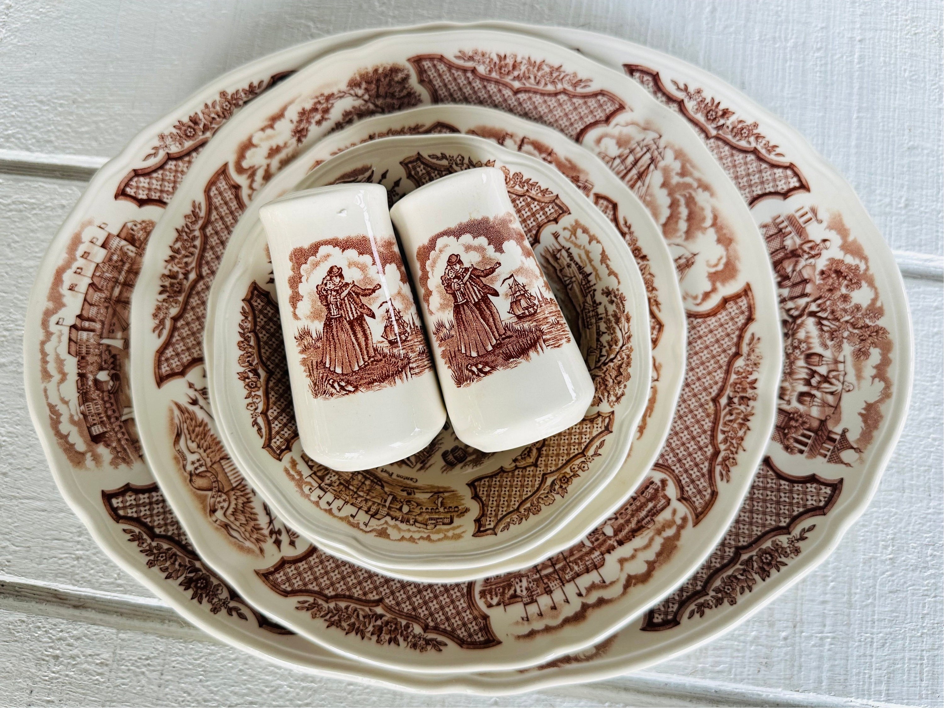 Vintage Fair Wind BROWN Alfred Meakin Historical Scene transfer ware dinner plate salad plate bowl salt pepper platter Staffordshire England