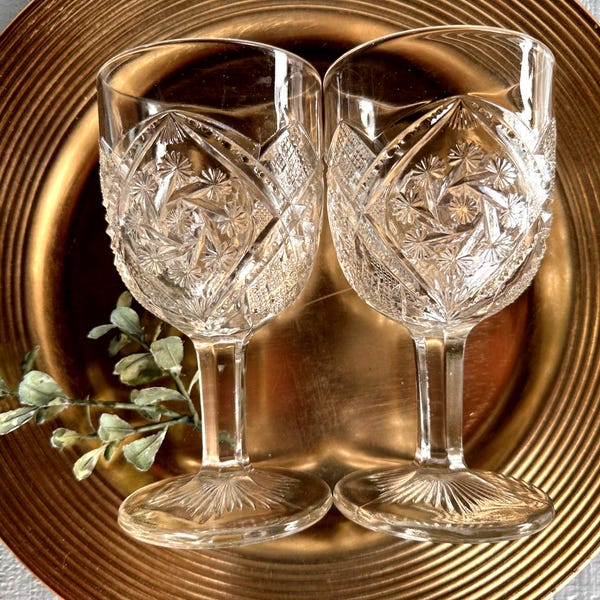 Antique Indiana Glass Goblets – “Juno” Double Pinwheel Pattern, Circa 1910 EAPG Pressed Glass Wine Water Goblets, Set of 2 Vintage Stemware