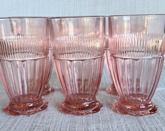 Set of 6 Anchor Hocking Coronation Pink Tumblers Vintage Depression Glass 1936 1940 Footed Water Glasses