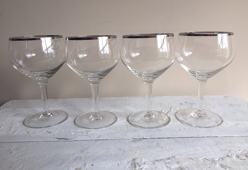 4 Vintage Silver Rim Wine Glasses Platinum Image 0