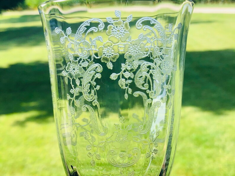 1930s 1940s FOSTORIA Meadow Rose Clear ICED TEA glasses Vintage Glassware etched tall water goblet embossed rose crystal floral replacements image 8