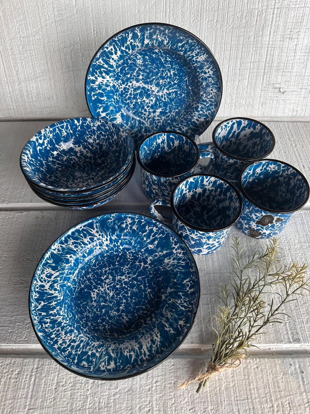 12pc Blue Splatter Enamelware Set - Bowls and Mugs - Modern Graniteware ...