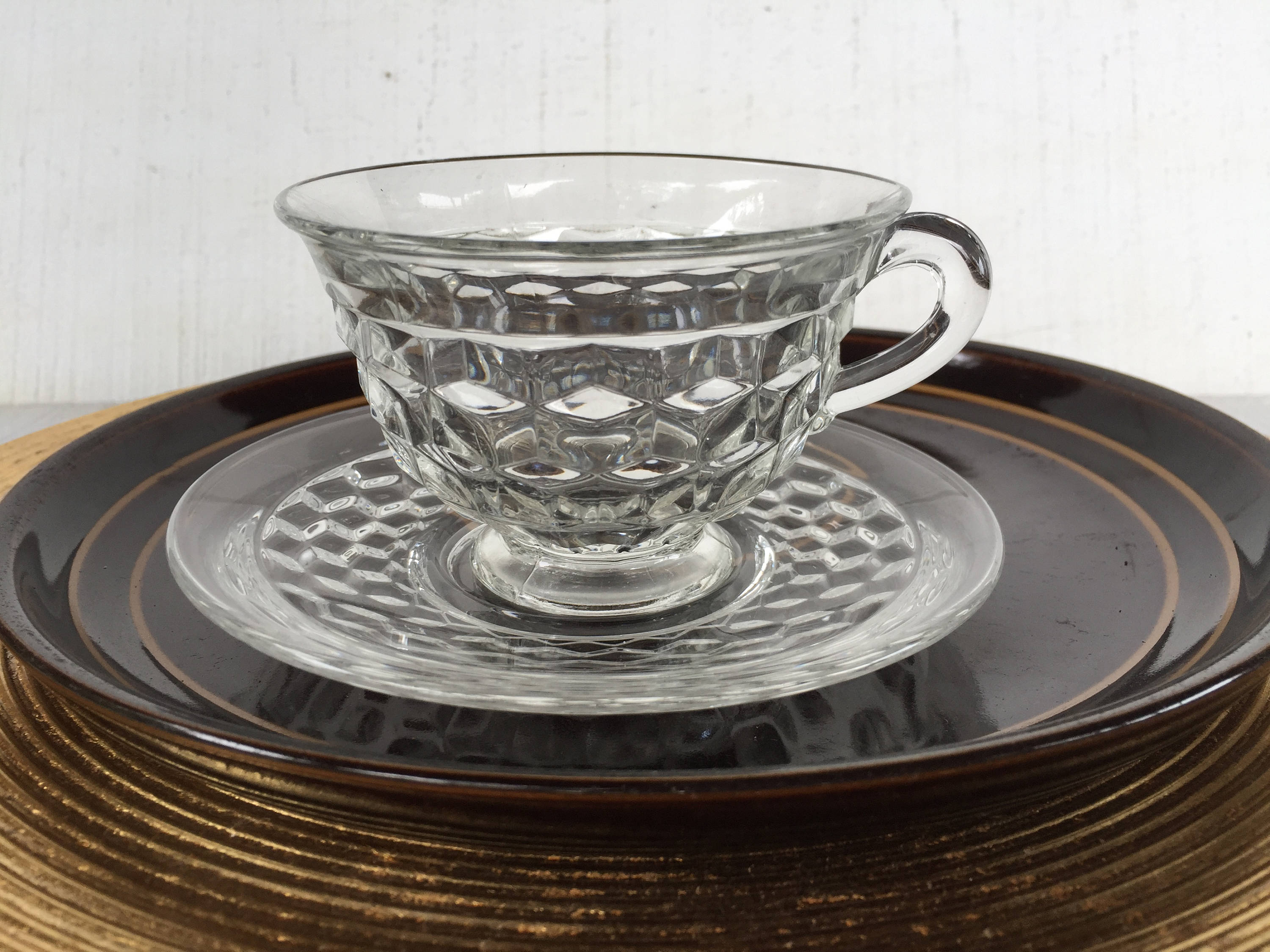 4 vintage crystal pressed glass cup and saucer American clear Etsy