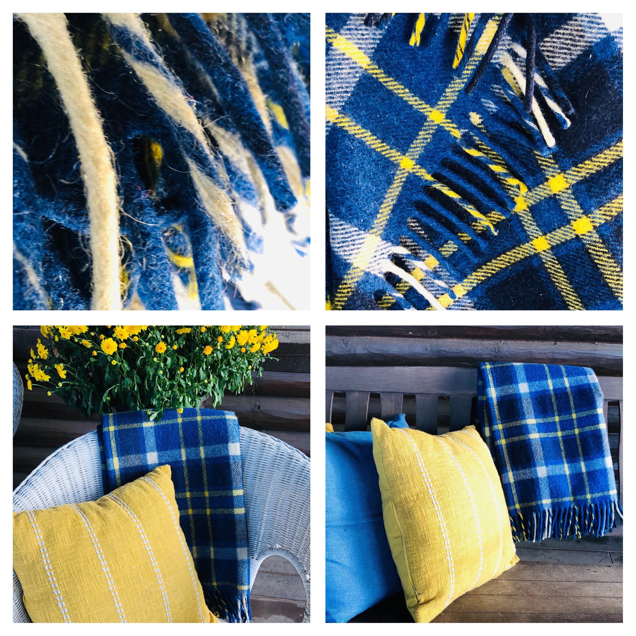 Vintage Wool Blanket Navy Gold Grey 1950s 1960s Wool Camp Blanket Navy Yellow Plaid Wool Blanket Rustic Lodge Decor Wool Sofa Blanket Fall Etsy