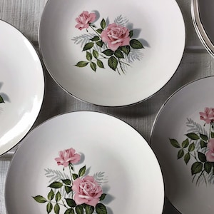 4 Summer Rose Gold Taylor Smith Taylor China Dinner Plate Mid Century Dishes TST china green pink flowers rose MCM 1960's china replacements