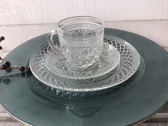 Vintage Clear Glass Dinnerware Cut Plates Cups Saucer Durand Crystal Dishes Antique Luncheon Plate Cup French