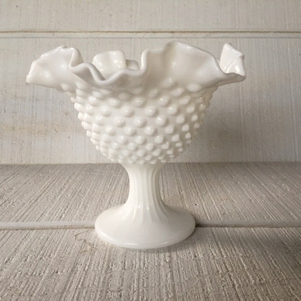 Vintage Fenton milk glass bowl, white hobnail double crimped white milk glass bowl w/ pedestal, vintage Fenton glass, wedding serving dish