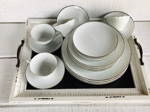 Vintage Noritake China Plates Mid Century Platinum White Coupe