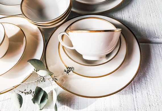 1960s Ivory China Gold Trim Dessert Plate Set Cups Saucer Mid