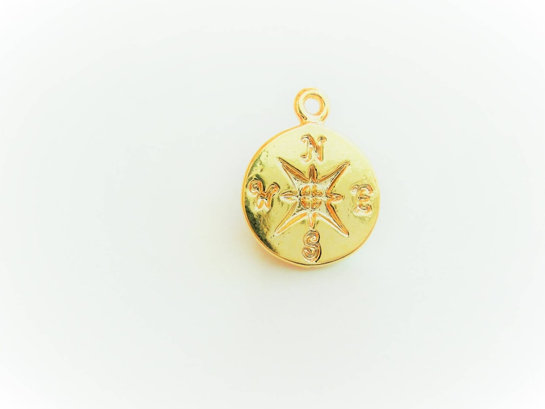 shiny gold circle disc Vermeil,18k gold over 925 sterling silver Small Compass Charm north south east west direction navigation