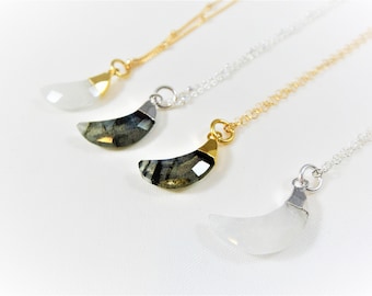 Moon, silver and gold plated over copper moon, Crescent Double Horn Gemstone Charm, white moonstone or gray labradorite in gold or silver