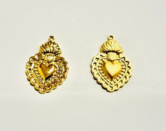 Vermeil, 18k gold over sterling silver sacred heart charm, gold sacred heart. Shiny gold or matte gold sacred heart, large gold sacred heart