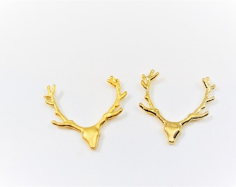 Vermeil, 18k gold over 925 sterling silver Deer Antler Connector Charm, matte or shiny gold antler head rudolph the reindeer animal charm