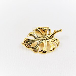 May include: A gold-colored metal brooch in the shape of a monstera leaf.