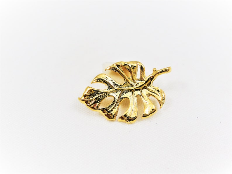 May include: A gold-colored metal brooch in the shape of a monstera leaf.