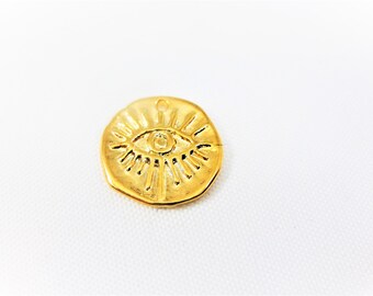 Charm de disco circular de ojo malvado pequeño en vermeil, oro de 18 quilates sobre plata de ley 925, colgante de ojo de Ra protector redondo en vermeil, ojo de oro brillante