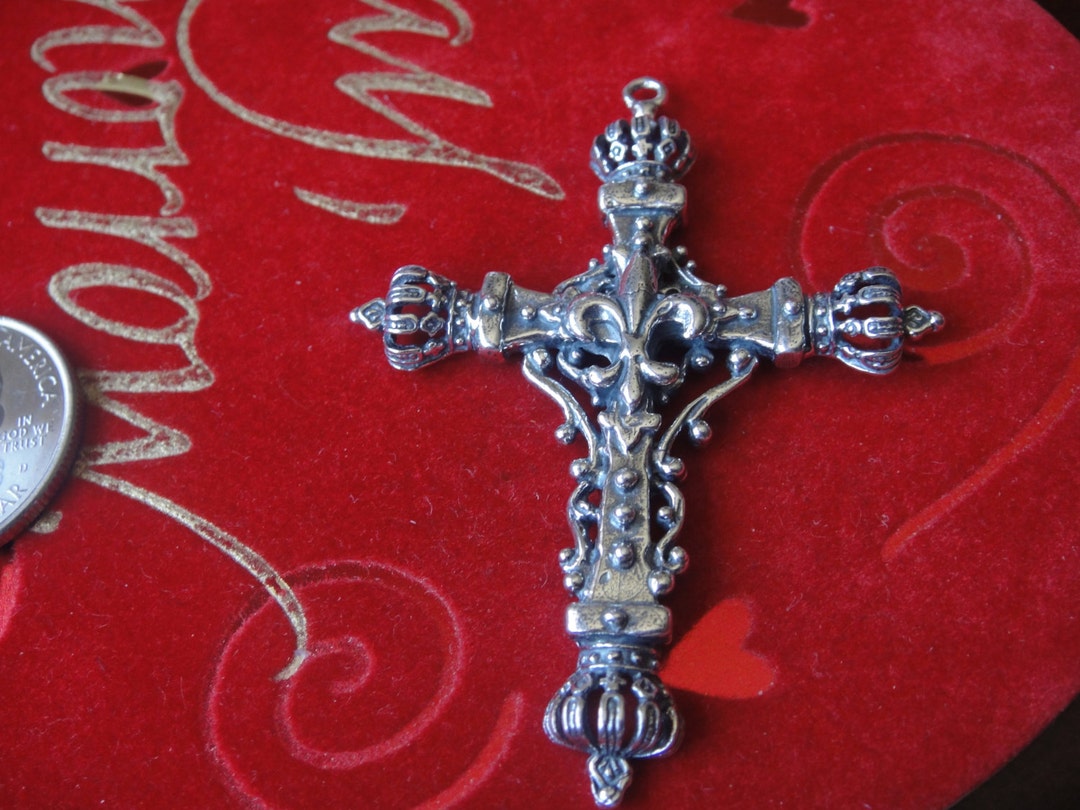 Argento Sterling,925 Enorme Corona Ciondolo Fascino King Royal Croce Pesante A Mano Made In USA - Italia - Foto 8