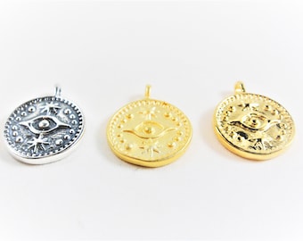 Charm de disco circular de ojo malvado - Oro de 18 k sobre plata de ley 925 vermeil o plata de ley Colgante de ojo de Ra redondo de 14 mm, charm de ojo de plata