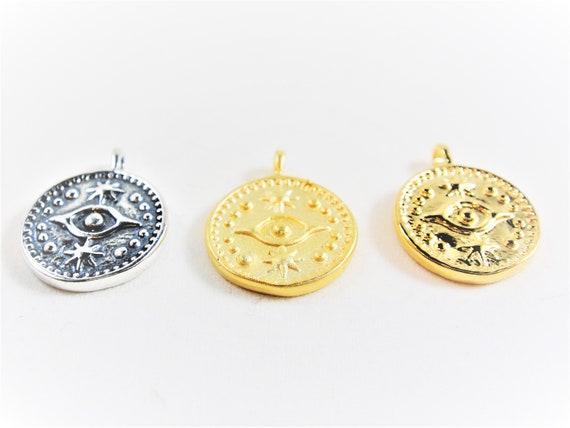 Evil Eye Circle Disc Charm - 18k gold over 925 sterling silver vermeil or sterling silver 14mm round  eye of Ra pendant, silver eye charm