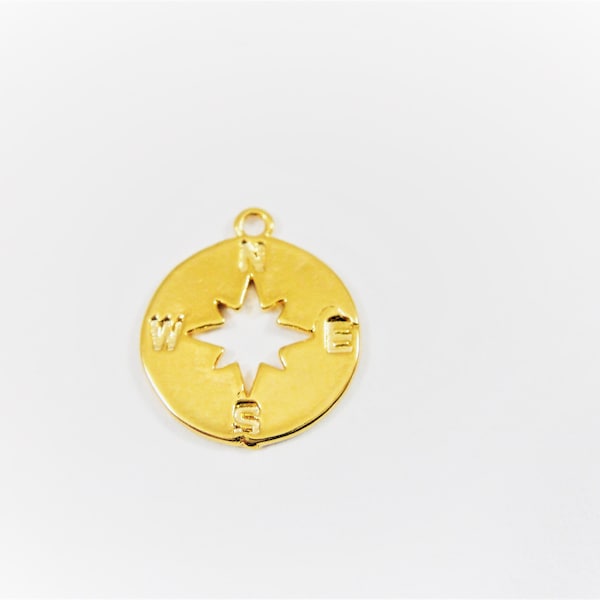 Vermeil 18lk gold over 925 sterling silver Small Compass Charm, shiny gold circle disc, north south east west direction, navigation, compass