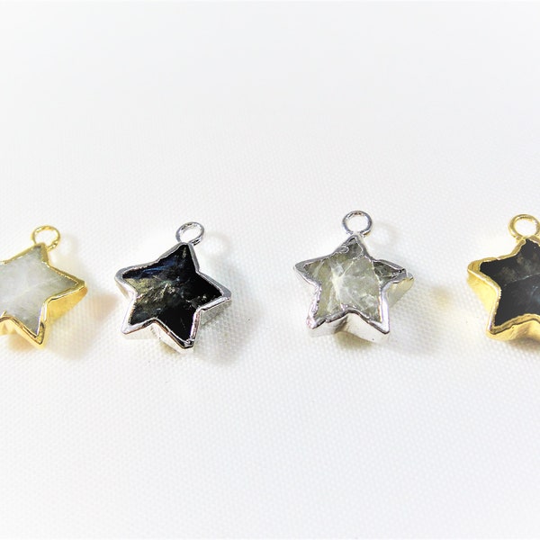 Gemstone star, Moonstone or Labradorite Star in Gold and Silver plated over copper, white or gray shooting wish star charm, 10mm star charms