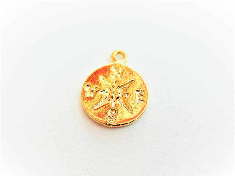 shiny gold circle disc Vermeil,18k gold over 925 sterling silver Small Compass Charm north south east west direction navigation