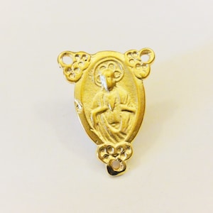 Vermeil, 18k gold over 925 sterling silver rosary connector, matte gold rosary connector, vermeil virgin mary and Jesus rosary