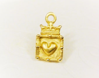 Vermeil, or 18 carats sur 925 pendentif de charme de cœur de couronne en argent sterling, charme de cœur de couronne de vermeil, charme de cœur en or mat, cœur, cœur de couronne
