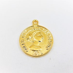 Vermeil, 18k gold over 925 sterling silver  Queen Elizabeth second coin charm,  Queen elizabeth coin charm, shiny gold queen elizabeth coin