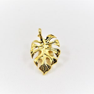 May include: A gold-colored metal pendant shaped like a monstera leaf.
