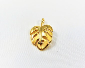 Vermeil, 18k gold over 925 sterling silver Monstera Leaf Charm, shiny gold  Swiss cheese plant leaf pendant, nature tropical forest foliage
