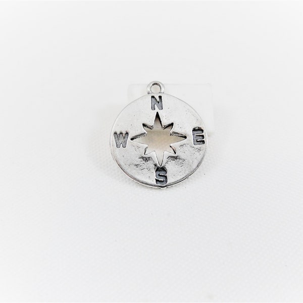 925 sterling silver Small Compass Charm, sterling silver circle disc, north south east west direction, navigation, silver compass charm,
