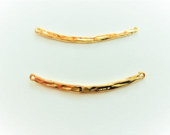 2 PC. Vermeil, 18K gold over 925 sterling silver Skinny Curved Hammered Connector Bar, shiny gold thin bar, lightly hammered, 2 hole, bow