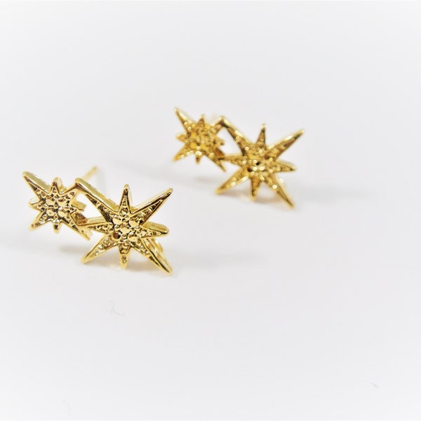 Vermeil, 18k gold over 925 sterling silver Double North Star Earrings, shiny gold Star Ear Stud, post earrings, gold star stud earrings