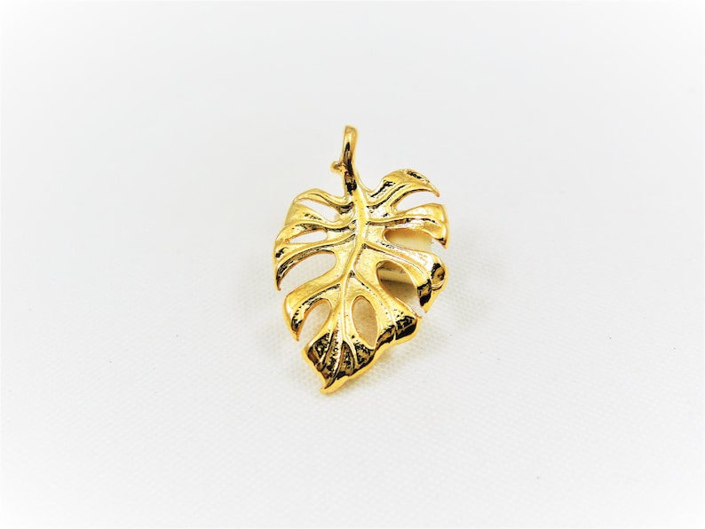 May include: A gold-colored pendant shaped like a monstera leaf. The pendant has a detailed design and is perfect for adding a touch of tropical style to any jewelry collection.
