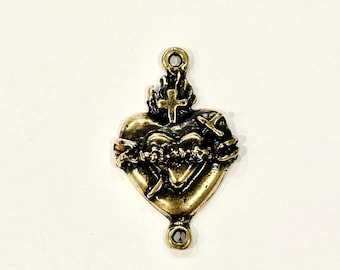 Connettore per ciondolo sacro cuore in bronzo massiccio, connettore per ciondolo sacro cuore e croce in bronzo, connettore per rosario, sacro cuore in bronzo, croce in bronzo