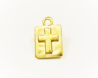 Vermeil 18k gold over 925 sterling silver cross, matte gold cross, vermeil rectangle disc with cross, vermeil cross charm, cross, gold cross