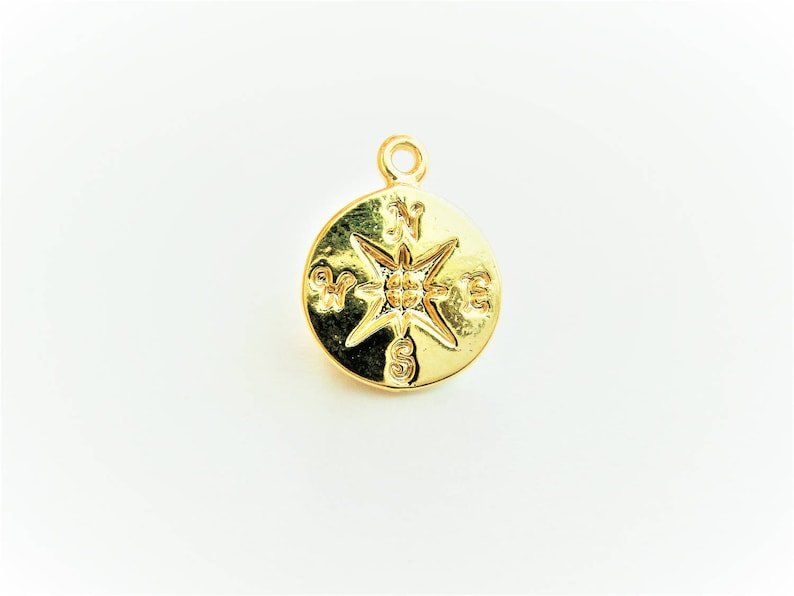 shiny gold circle disc Vermeil,18k gold over 925 sterling silver Small Compass Charm north south east west direction navigation