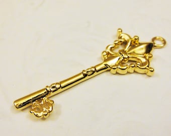 Vermeil, 18k gold over 925 sterling silver fleur de lis key charm, fleur de lis, fleur de lis key, vermeil key pendant, shiny gold large key