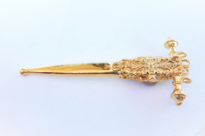 Vermeil, 18k gold over 925 sterling silver Finely Detailed Long Sword Pendant,shiny gold sword, dagger, weapon, knife, battle fight image 2