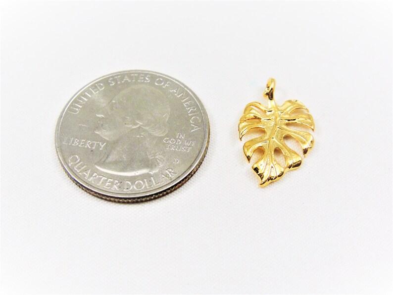 May include: Gold-toned metal charm in the shape of a monstera leaf. The charm is about the size of a US quarter.