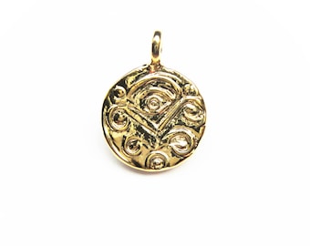 Vermeil, 18k gold over 925 sterling silver Eye Disc Pendant, 12mm round circle with eye imprinted charm, shiny gold eye charm, vermeil eye